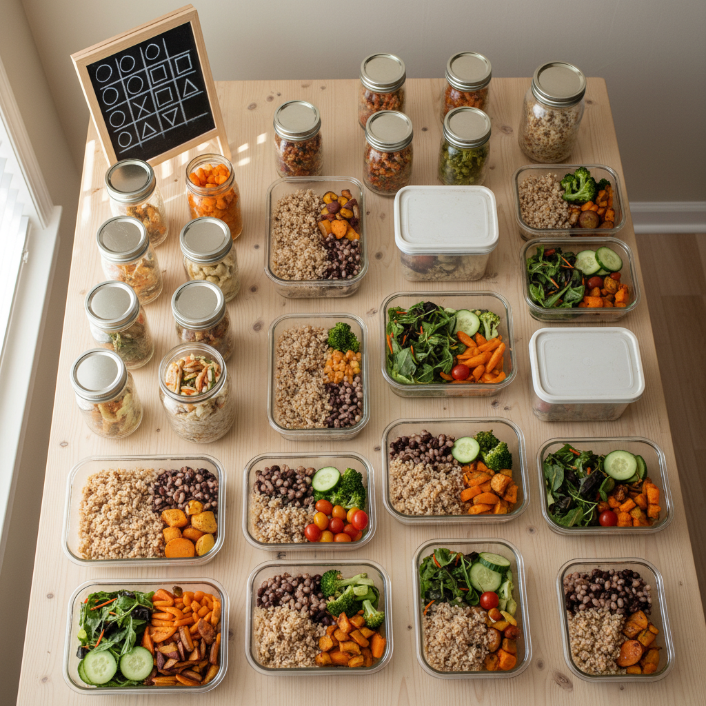 A bright, modest dining table made from simple pine wood, covered with neatly arranged meal prep containers filled with colorful, budget-friendly recipes: rice and beans, roasted vegetables, and simple salads. The containers are a mix of glass jars and well-used plastic boxes with plain, unmarked lids. A small chalkboard-style weekly meal plan, drawn only with basic shapes and lines instead of text, leans against a neutral wall. Soft natural daylight filters from a side window, creating gentle highlights on the food and subtle shadows under the containers. Photographic realism, shot from a top-down bird’s-eye view, with a clean, professional composition that communicates planning, thrift, and efficiency.