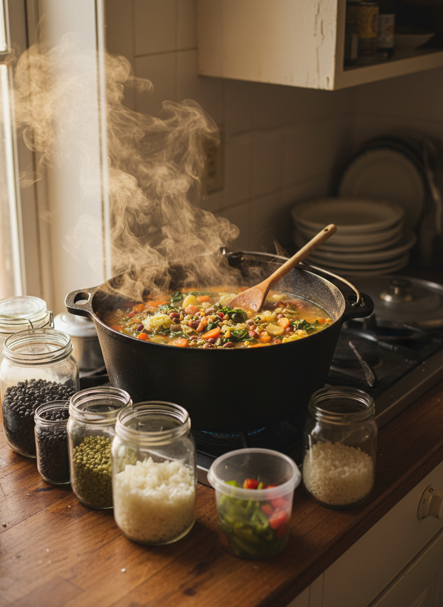 A simple, well-worn stovetop with a large, sturdy pot simmering a colorful vegetable soup made from budget-friendly ingredients. Around the pot on the clean but aged countertop sit containers of dry beans, lentils, rice, and chopped vegetables stored in mismatched glass jars and repurposed containers, all without brand labels. Diffused afternoon light from a nearby window softly illuminates rising steam and the rustic textures of the cookware. Photographic realism, shot at eye level with a focus on the pot and ingredients, while the rest of the small kitchen fades into a gentle blur, creating a warm, practical, and resourceful atmosphere that conveys frugal home cooking in action.