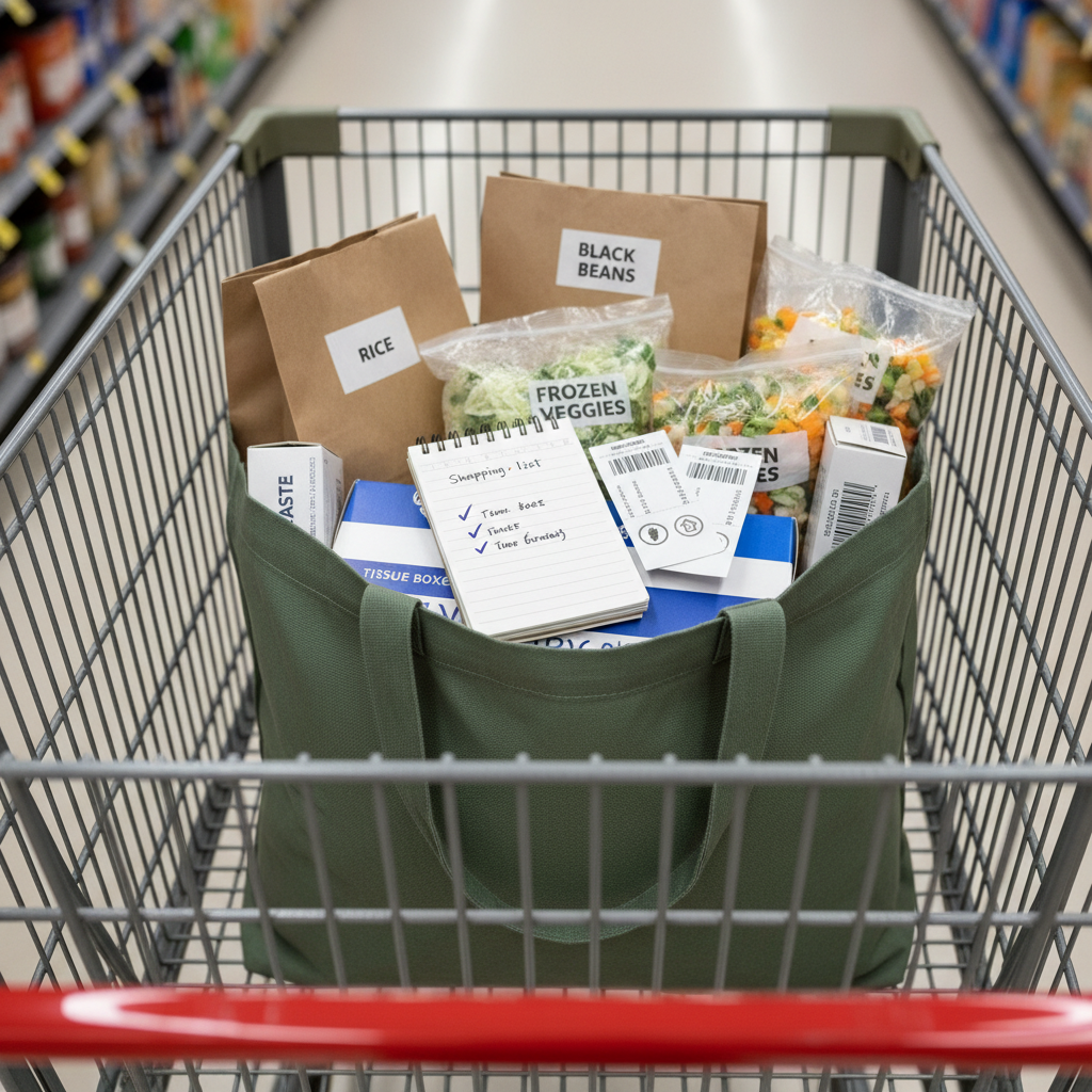 A reusable shopping tote resting in a grocery cart, filled with generic, no-name pantry items in simple packaging: plain bags of rice, beans, oats, frozen vegetables, and basic household staples. A small, worn notepad with a carefully checked-off shopping list lies on top of the groceries, next to a clipped stack of unbranded coupons represented by simple barcodes and icons. Overhead fluorescent store lighting creates even illumination, with soft reflections on the metal cart. Photographic realism from a slightly elevated angle, with surrounding store aisles intentionally blurred, focusing on intentional, budget-conscious shopping and a mood of calm control instead of impulse buying.