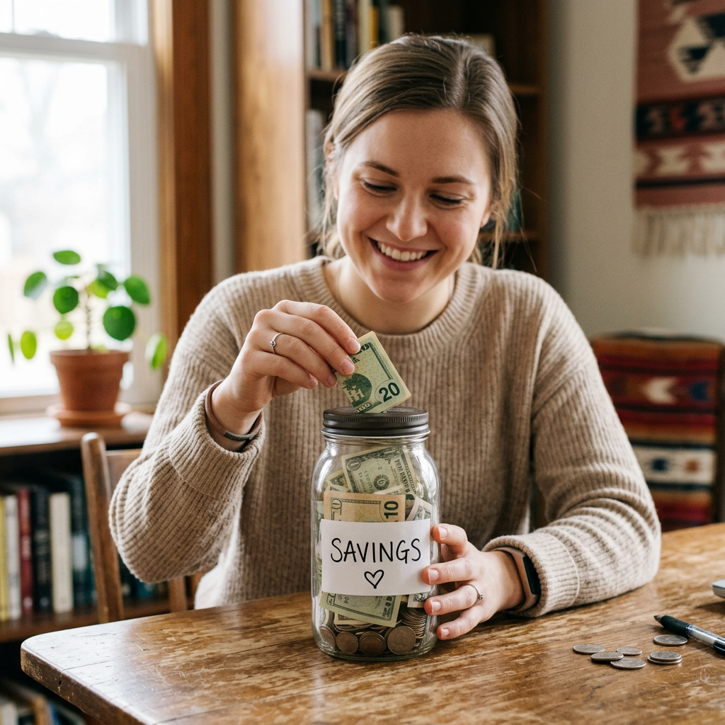Woman putting money into a savings jar filled with cash and coins